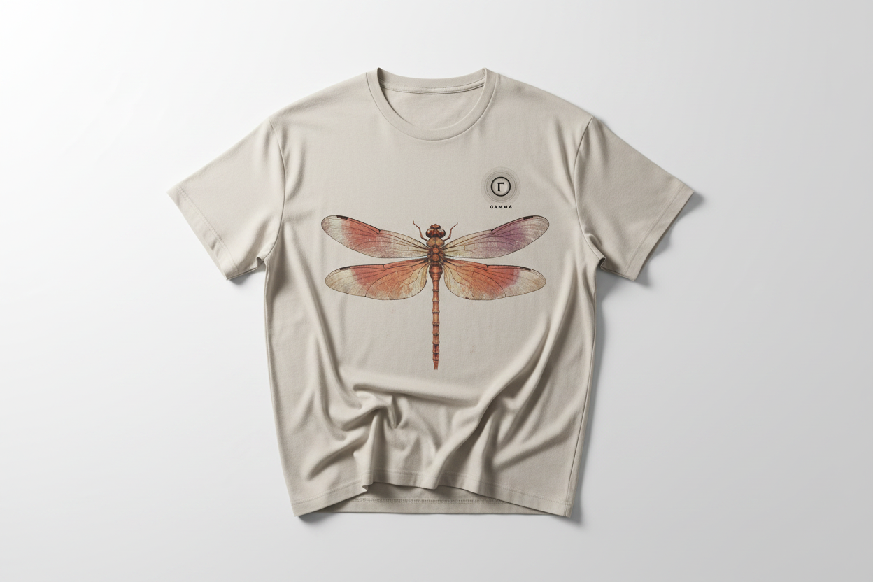 Gamma Girl Beige Tee with Dragonfly Motif and Gamma Logo on left chest