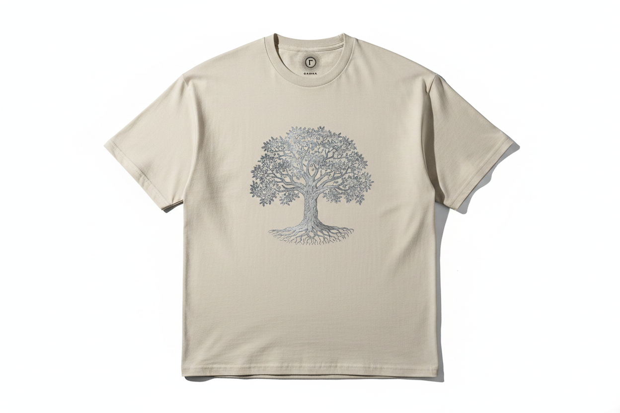 Gamma Man Beige Tee with Silver Tree of Life and Gamma Logo on left chest