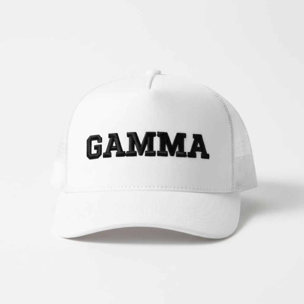 Gamma Trucker Cap in White with black embroidered logo