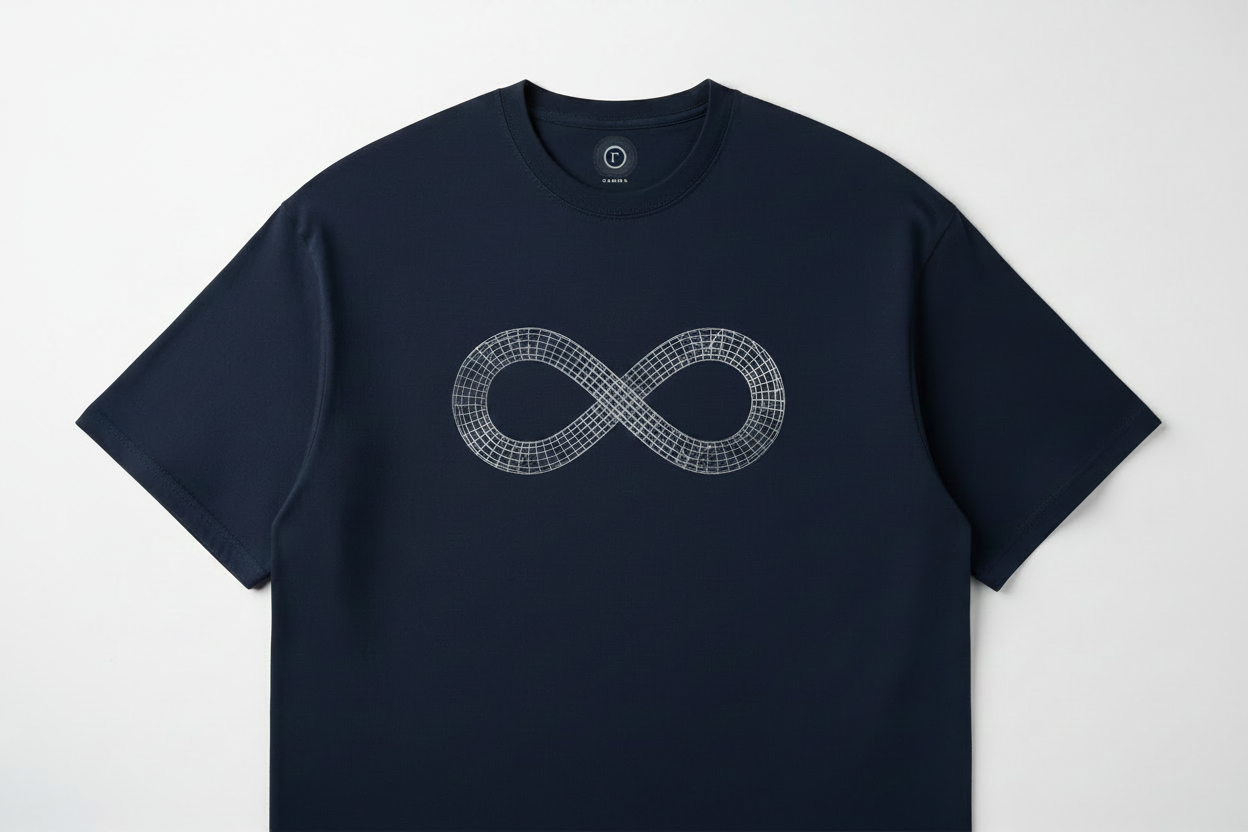 Gamma Man Navy Tee with Grid Infinity Symbol and Gamma Logo on left chest