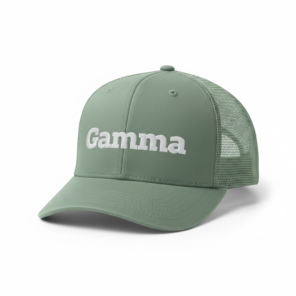 Gamma Trucker Cap in Sage Green with white embroidered logo