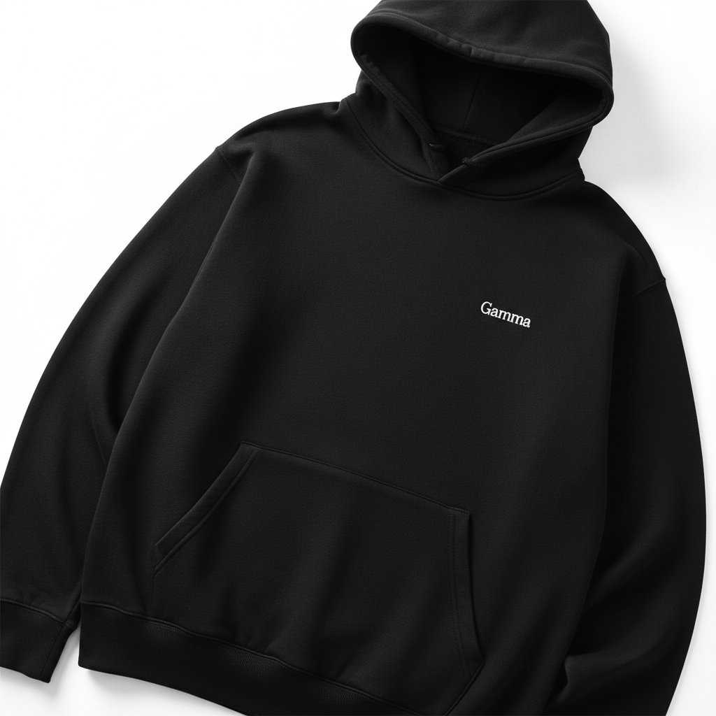 Gamma Hoodie in Black with small embroidered logo on left chest