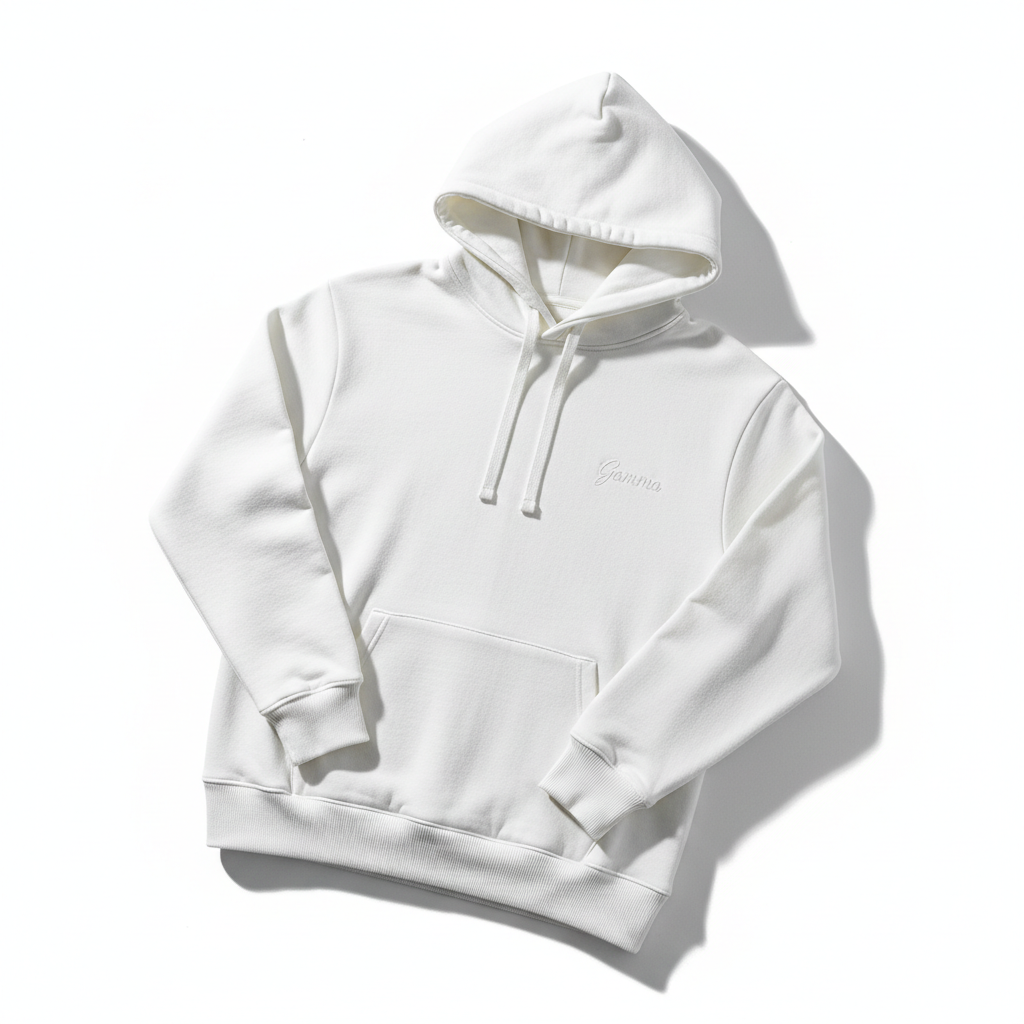 Gamma Hoodie in White with small embroidered logo on left chest