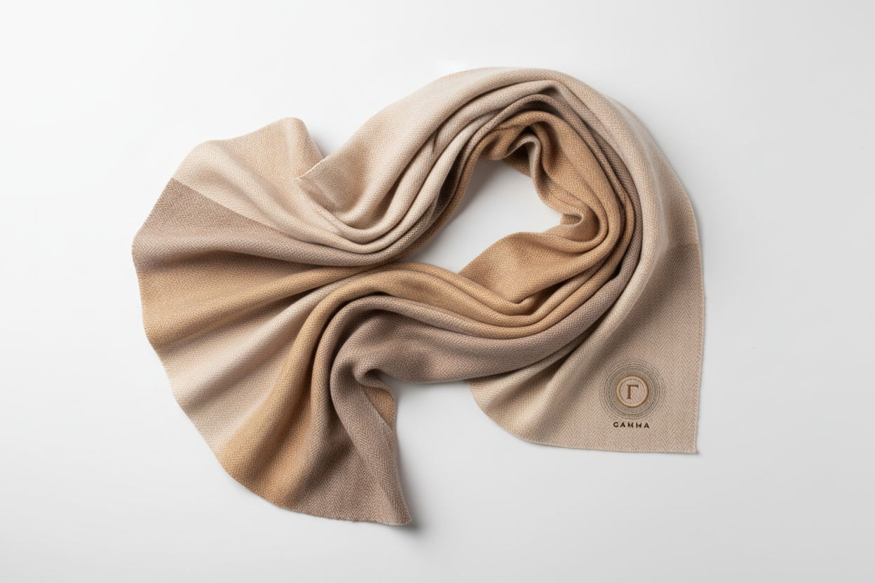 Gamma unisex natural sand scarf with Gamma logo at hem