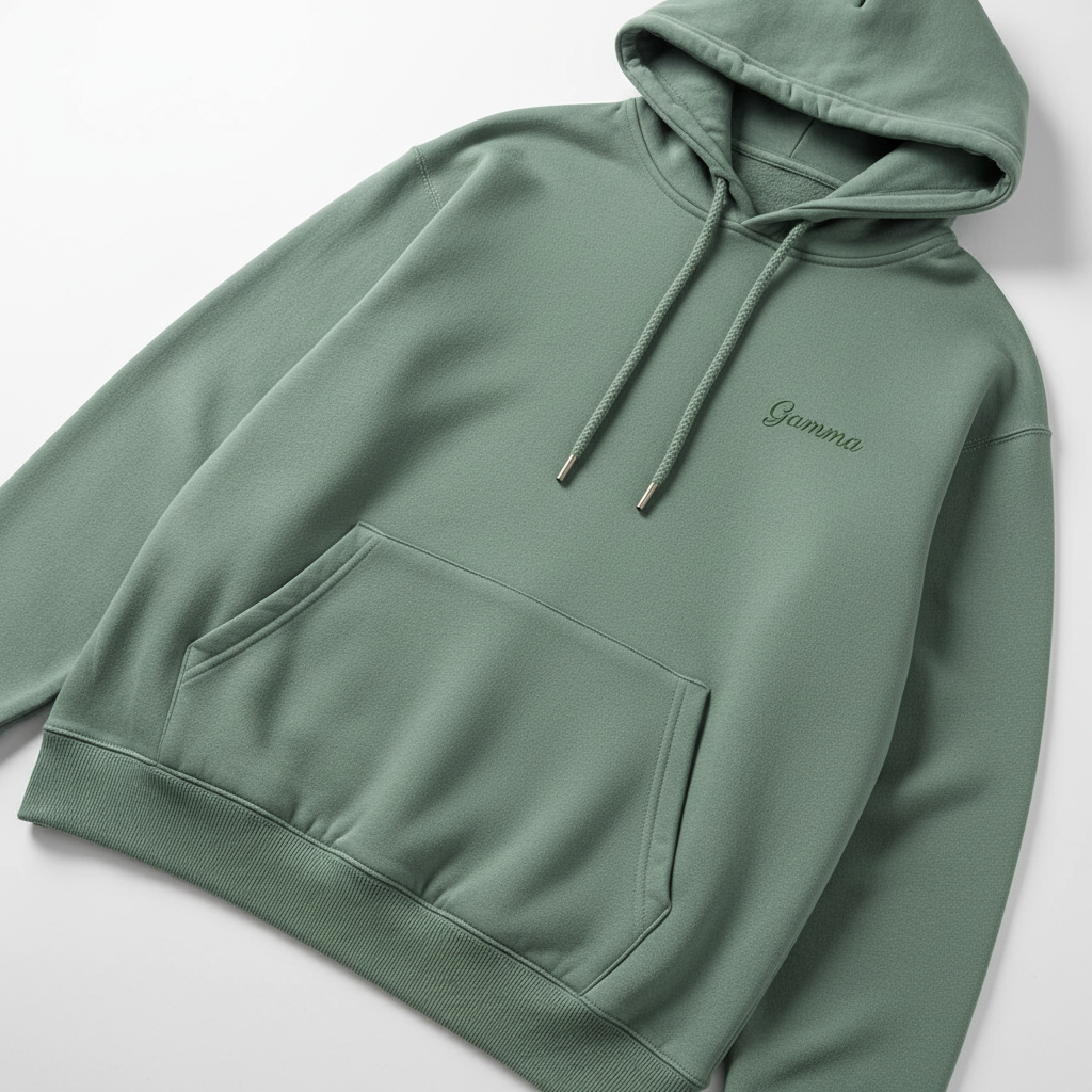 Gamma Hoodie in Sage Green with small embroidered logo on left chest