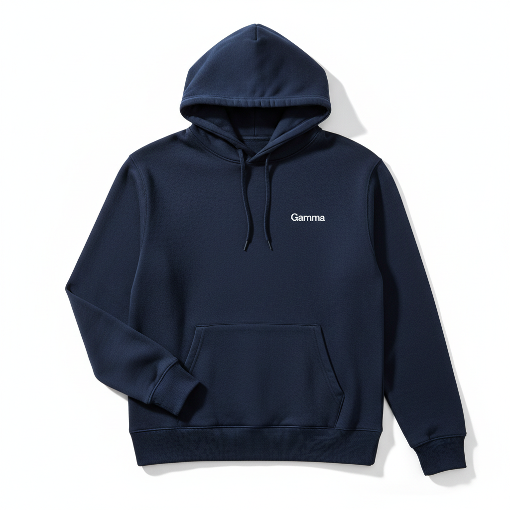 Gamma Hoodie in Navy with small white embroidered logo on left chest