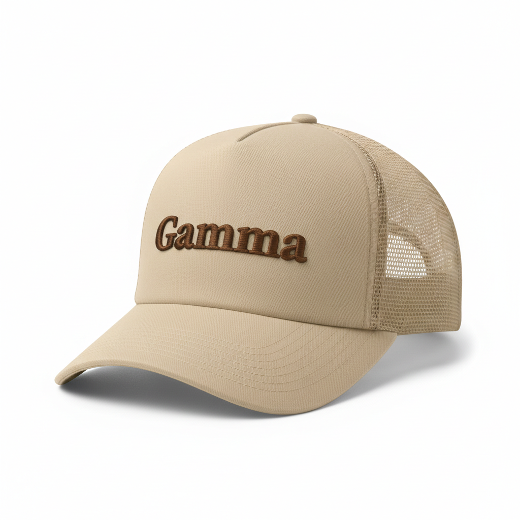 Gamma Trucker Cap in Sand with dark brown embroidered logo